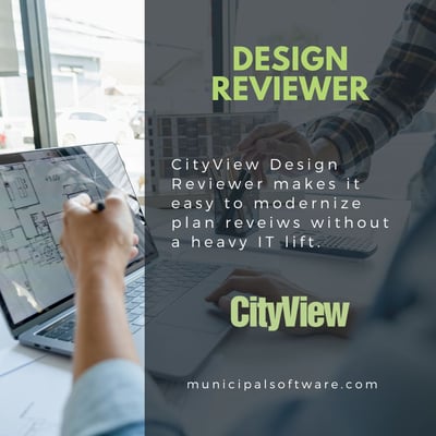 Two people reviewing a digital floor plan on a laptop, with CityView Design Reviewer text overlay highlighting affordable, web-based, and simple-to-adopt electronic plan review.